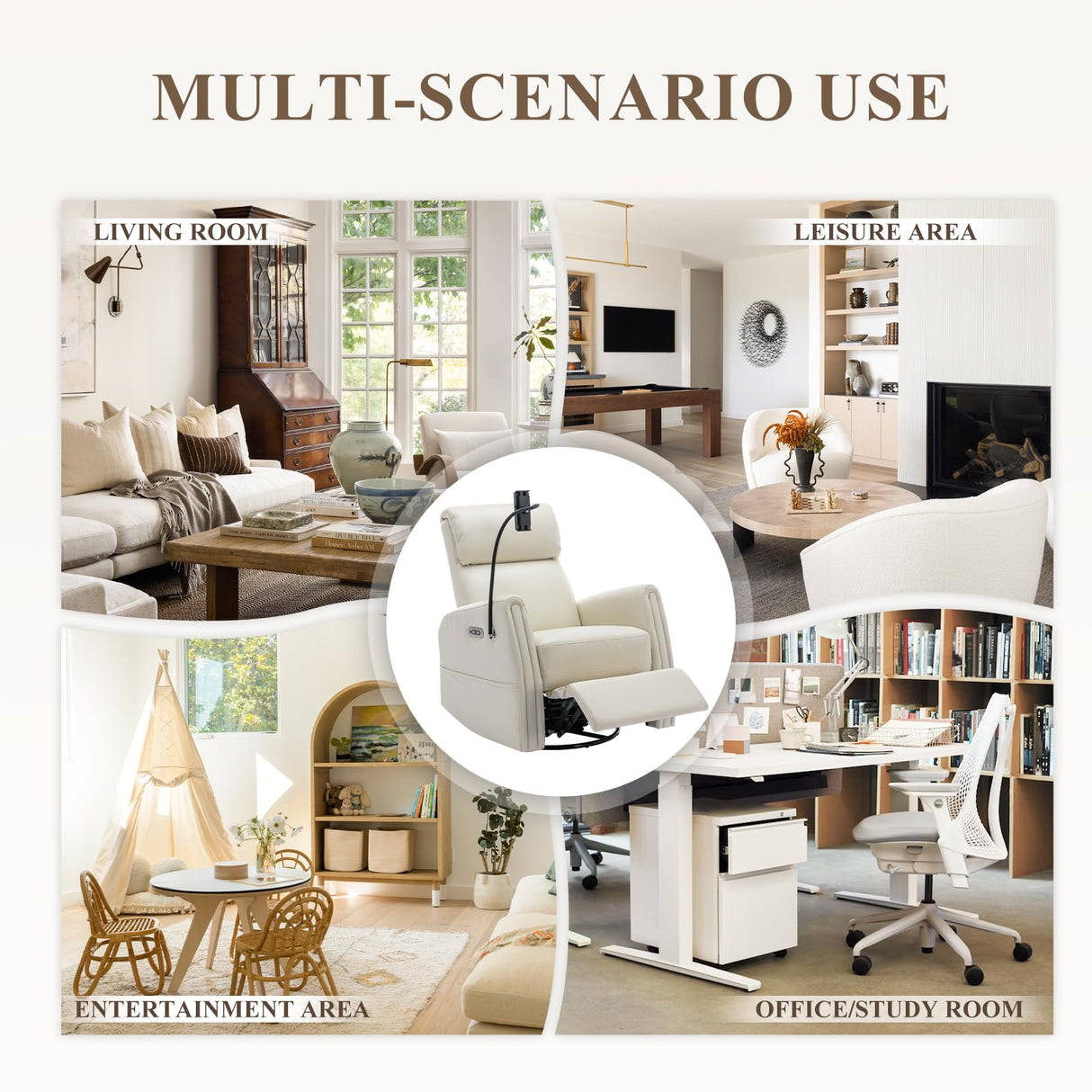 COLAMY Modern Electric Power Swivel Recliner Chair, Beige Leather, 270 Swivel 145 Recline, Built-in Charging Ports, Adult Relaxing Chair COLAMY