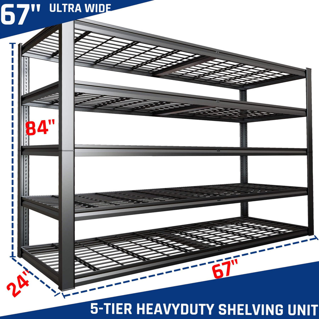 PMKES 67" W Garage Shelving Heavy Duty, 67" W x 24" D x 84" H, Adjustable 5 Tier Metal Shelves, Commercial Metal Shelf Rack, Industrial Shelving PMKES