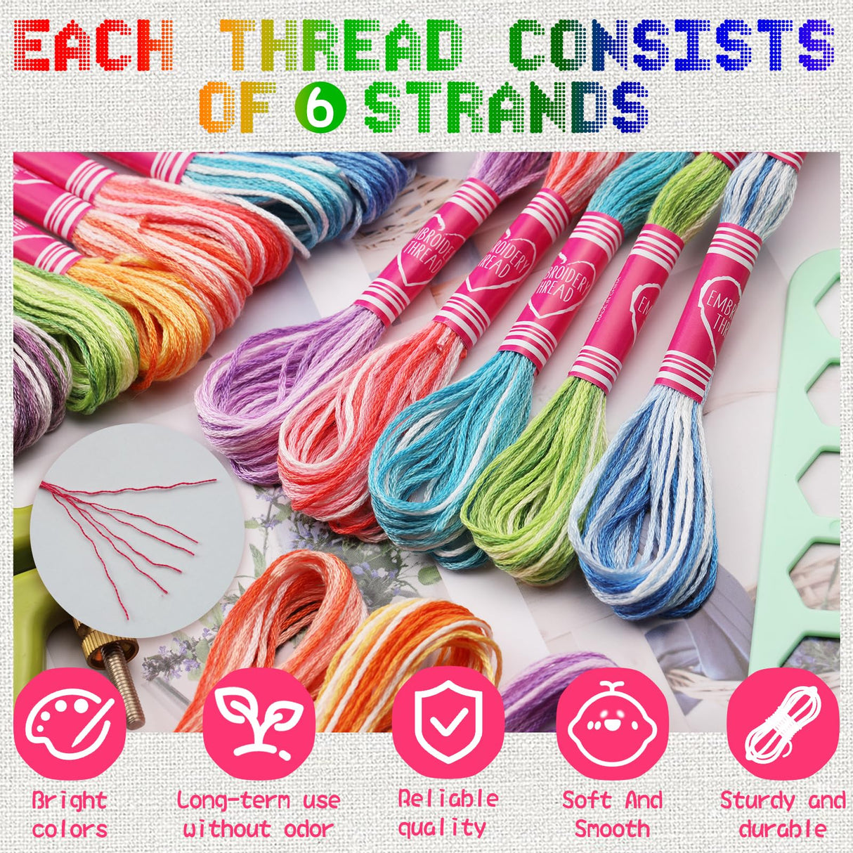 16 Skeins Colorful Series Embroidery Floss, 8m Cotton Cross Stitch Thread, Friendship Bracelet String Including Plastic Floss Bobbins, for DIY Making, Embroidery Crafts Dercuy