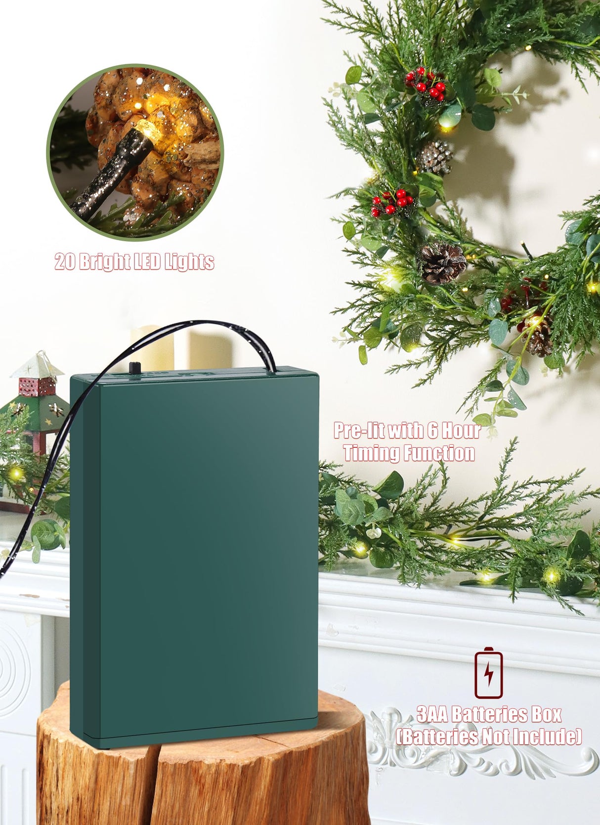 Brightown Pre-lit Christmas Garland with Lights, 6 Feet 20 LED Battery Operated Christmas Lights with Pine Cones, Berry, Eucalyptus Leaves, Indoor Christmas Decorations for Stairs, Fireplace, Door Brightown