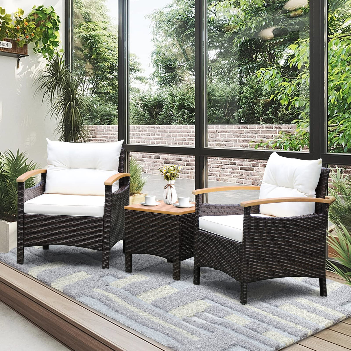 Tangkula 3-Piece Patio Furniture Set, Patiojoy Outdoor Rattan Sofa Set with Coffee Table, Patio Conversation Set with Removable Cushion, Cozy Acacia Wood Armrests for Backyard, Poolside (Off White) Tangkula