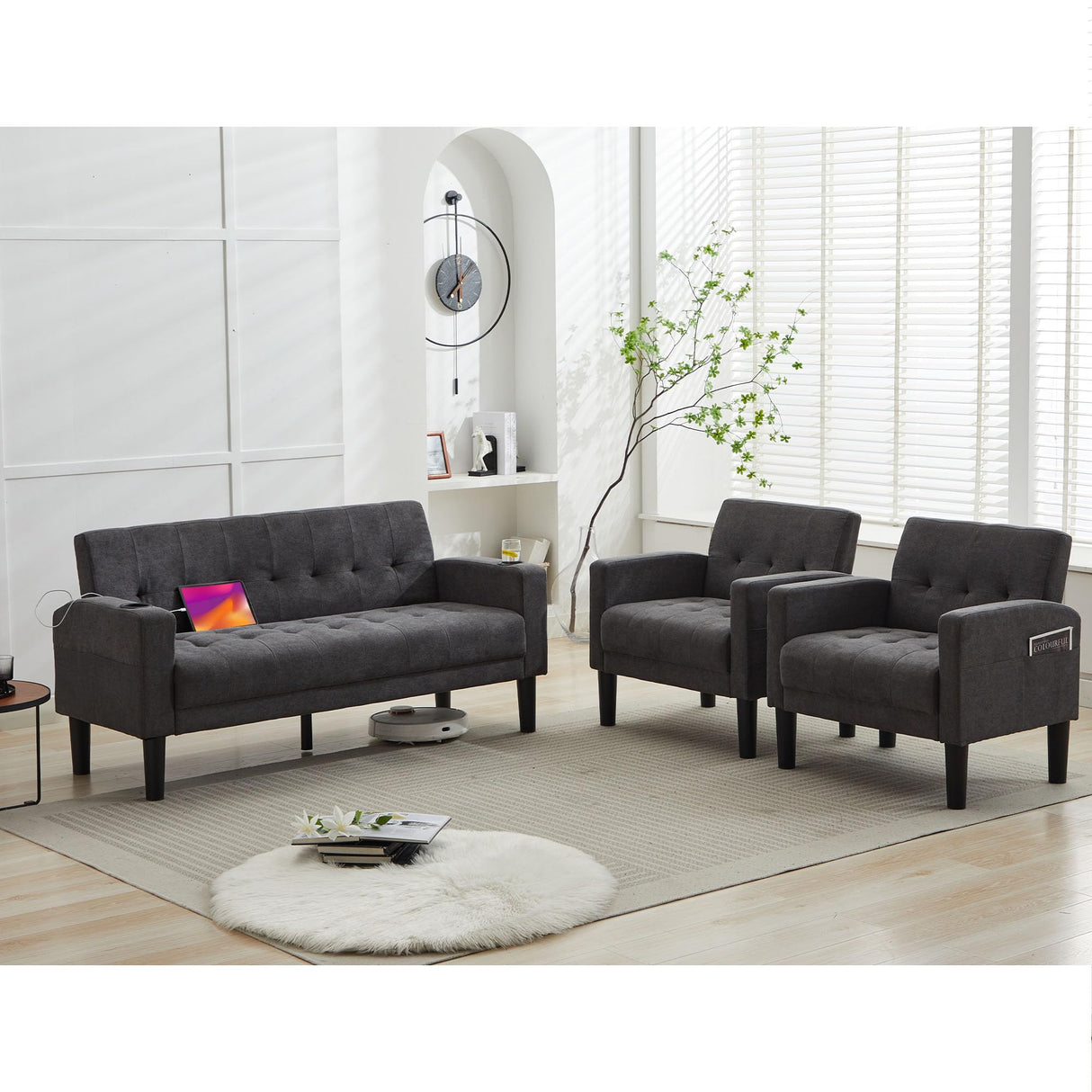 TYBOATLE Sofa Couch, Living Room Furniture Sectional Sofa Sets of 3 Pcs, Tufted Mid-Century Loveseat w/USB, Cupholders & Comfy Single Sofa for Small Space, Apartment, Office (Dark Grey) TYBOATLE