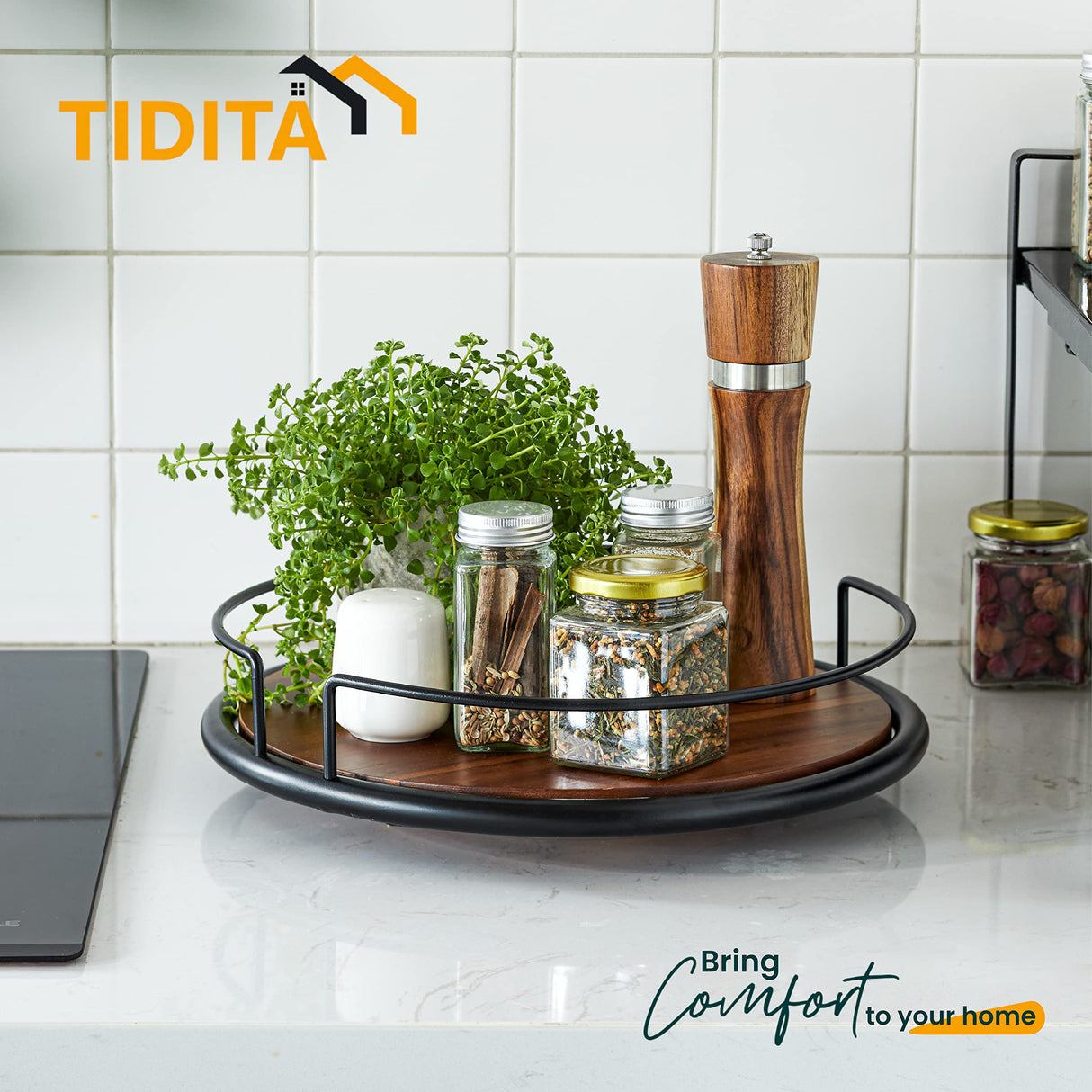 TIDITA 13" Acacia Wood Lazy Susan Turntable with Metal Frame for Table Top - Wooden Serving Tray Rotating for Kitchen Counter - Centerpiece Organizer Storage Food Bin Container for Pantry, Fridge Tidita