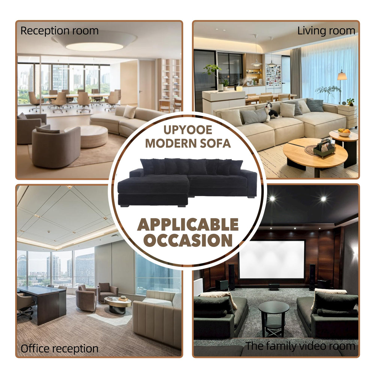 UPYOOE 111'' Modern Sectional Sofa, L-Shaped Corduroy Couch with Left Chaise Daybed, Extra-Wide Oversized Lounge, 8 Pillows, Corner Sofa Set for Living Room, Apartment, Office, Hotel, Bedroom, Black UPYOOE