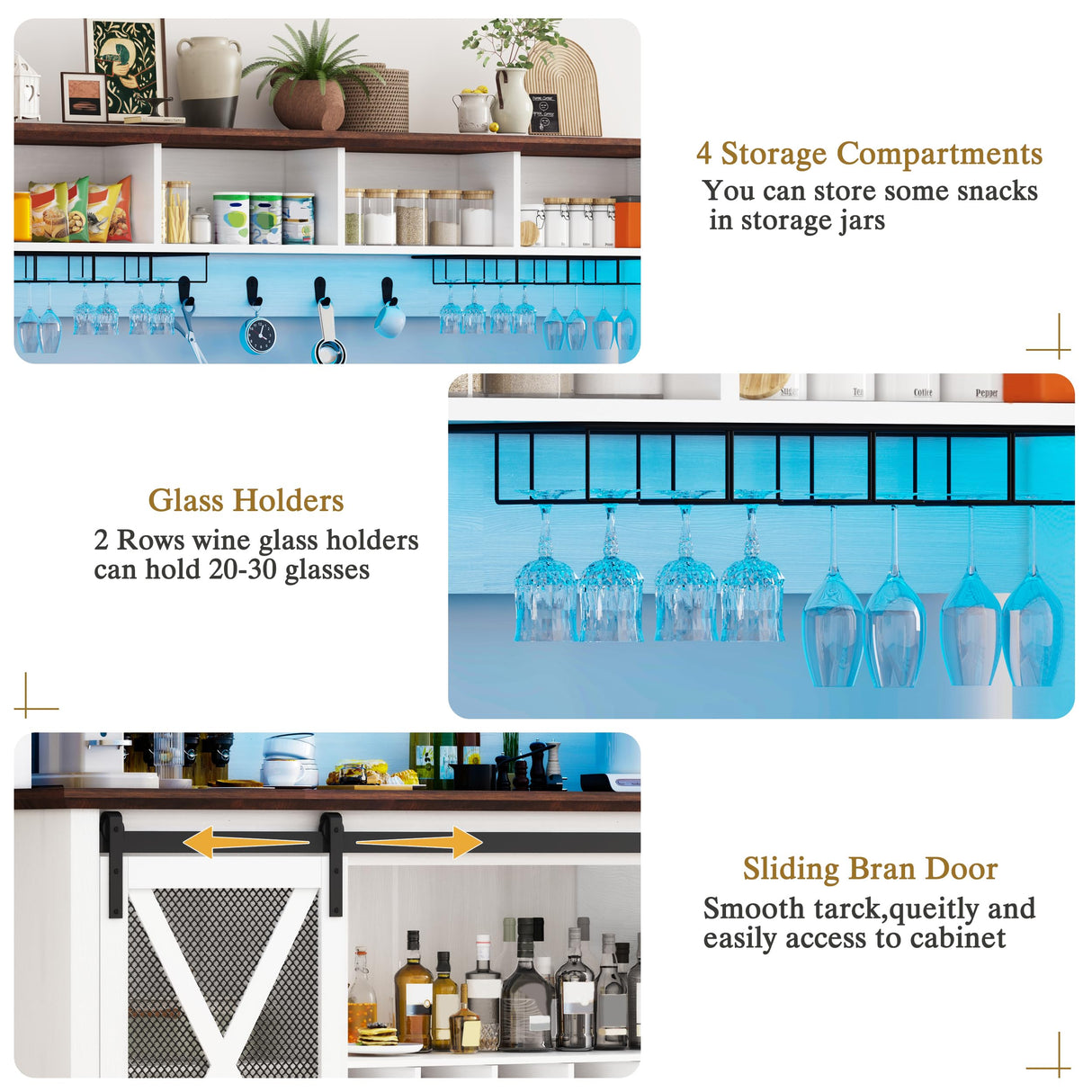 63 Inch Farmhouse Coffee Bar Cabinet with LED Lights, Wine Bar Cabinet with Storage, Kitchen Buffet Hutch with Sliding Barn Door, 15-Bottle Wine Rack, 4 Hooks & Glass Holder, Adjustable Shelves, White CayugaCrekrd