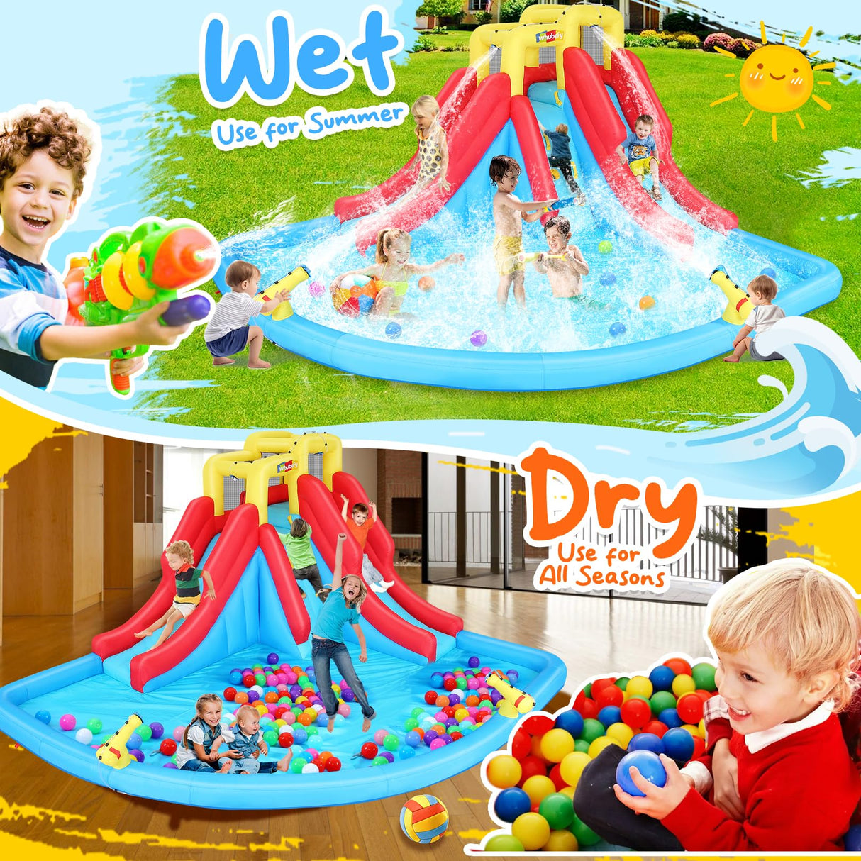 Whubefy Inflatable Water Slide for Kids, 14.5 x 13 FT Water Bounce House for Backyard, Inflatable Water Park for Kids, Waterslide PVC & Oxford Bounce House with Slide, 2 Water Gun & 520W Blower Whubefy
