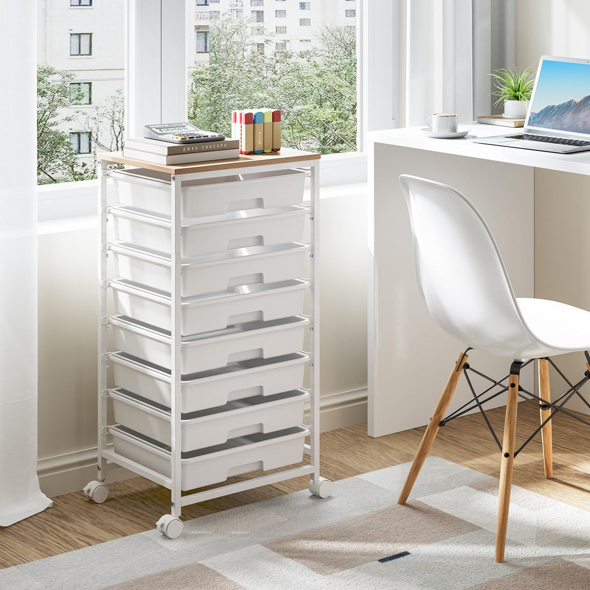 Storage Cart with 8 Drawers, Utility Cart with White Drawers and Wooden Tabletop, Craft Cart, Teacher Organization for Classroom,White TOOLF