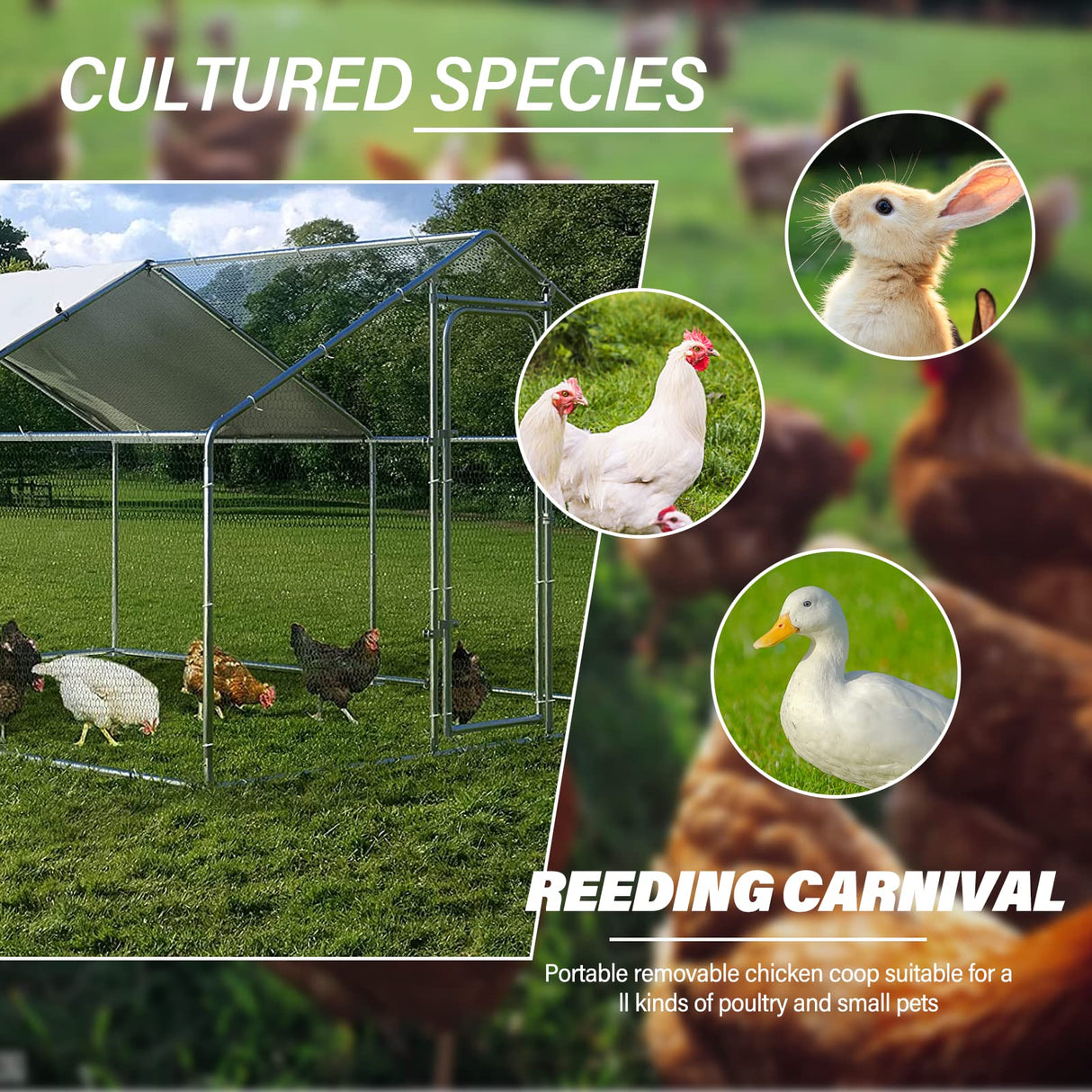 Chicken Coop Large Metal Chicken Run for Yard Chicken Pen/Cage Outdoor Walk-in Chicken House Heavy Duty Poultry Cage with Waterproof and Anti-UV Cover WoodArtSupply