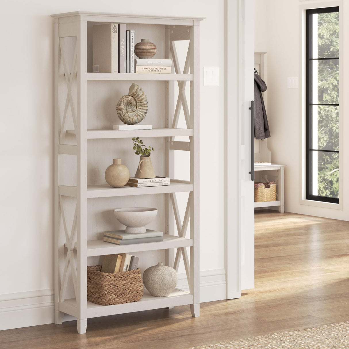 Bush Business Furniture Key West 5-Shelf Bookcase in Linen White Oak - Stylish Storage Solution for Any Room Bush Business Furniture