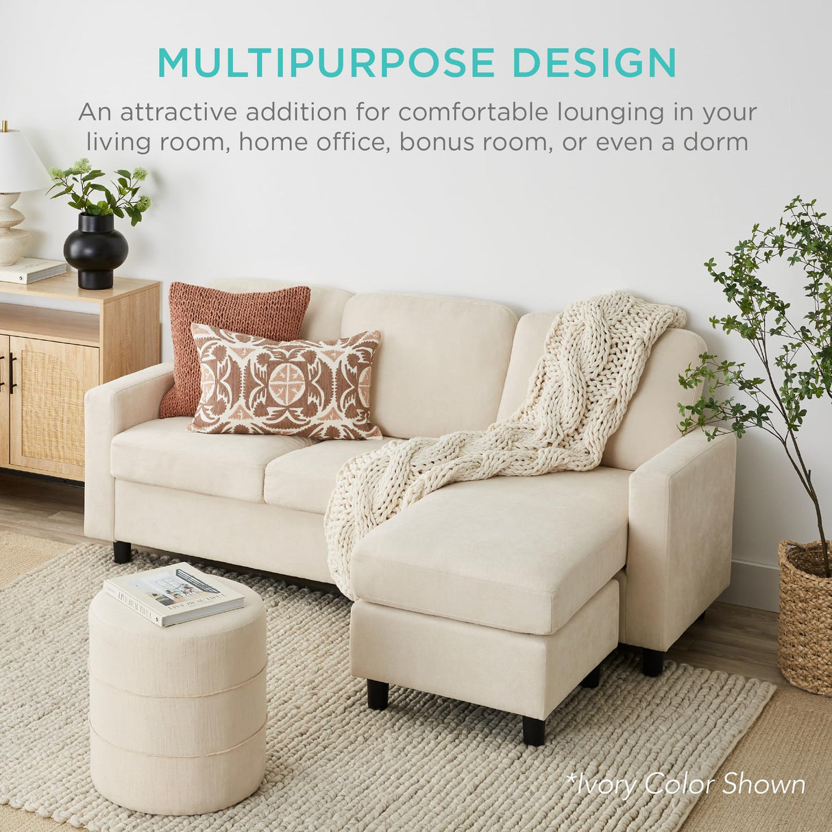 Best Choice Products Upholstered Sectional Sofa for Home, Apartment, Dorm, Bonus Room, Compact Spaces w/Chaise Lounge, 3-Seat, L-Shape Design, Reversible Ottoman Bench, 680lb Capacity - Dark Green Best Choice Products