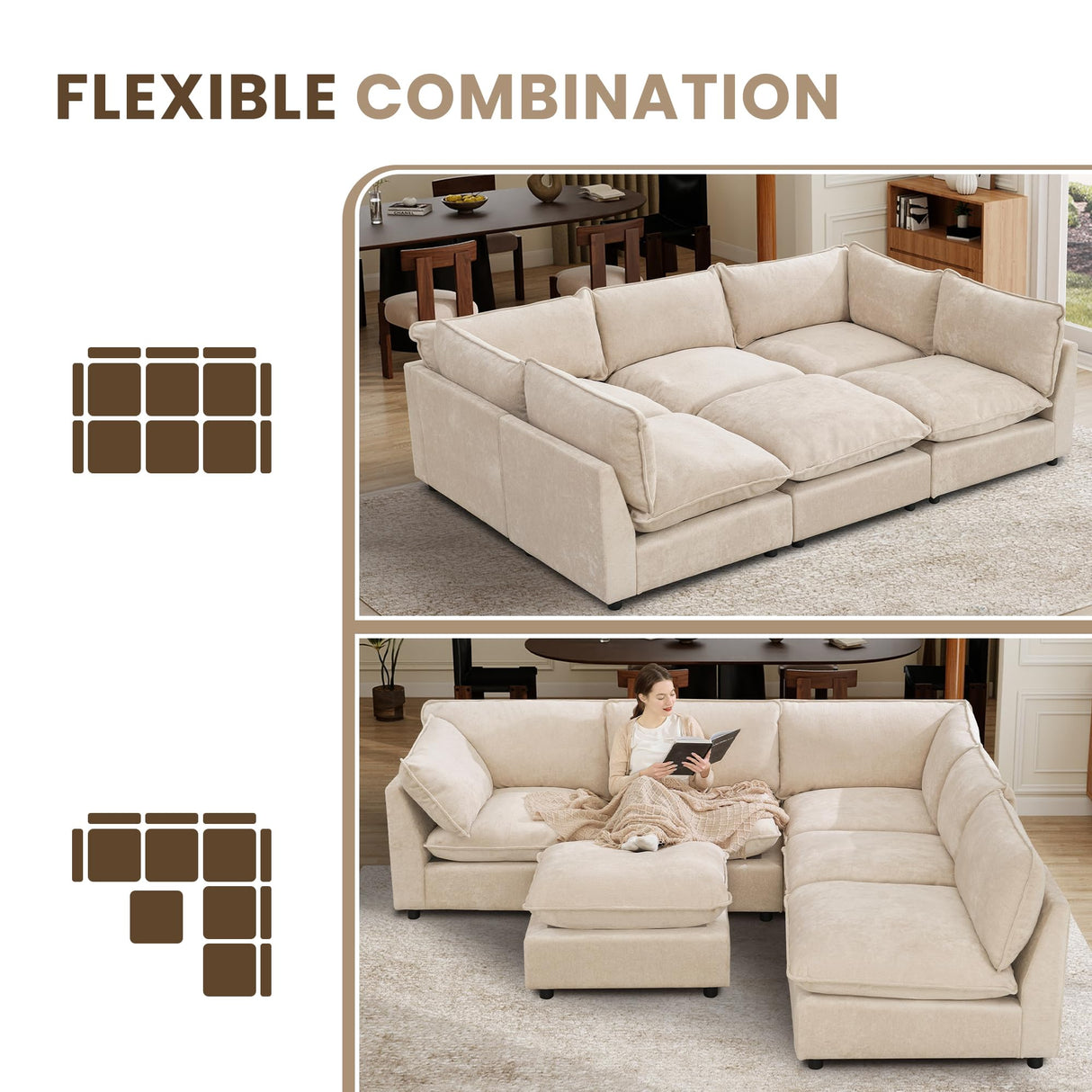 Tbfit Oversized Modular Sectional Sofa, Chenille Cloud Couch Deep Seat, 6-Seater Modular Sofa Couch for Living Room, Beige Tbfit