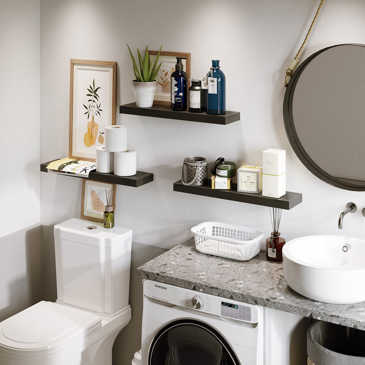 BAMEOS Floating Shelf,Wall Shelf,Decor Wall Mounted Shelves,Hanging Shelf Set L24xW6 for Bathroom Kitchen Living,Kitchen,Room Bedroom Storage,Black BAMEOS