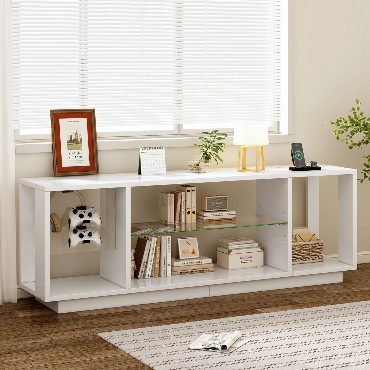 DlandHome LED TV Stand for TVs up to 60inch, Entertainment Center with Open Storage Shelves, TV Media Console Table for Bedroom, Living Room, White DlandHome