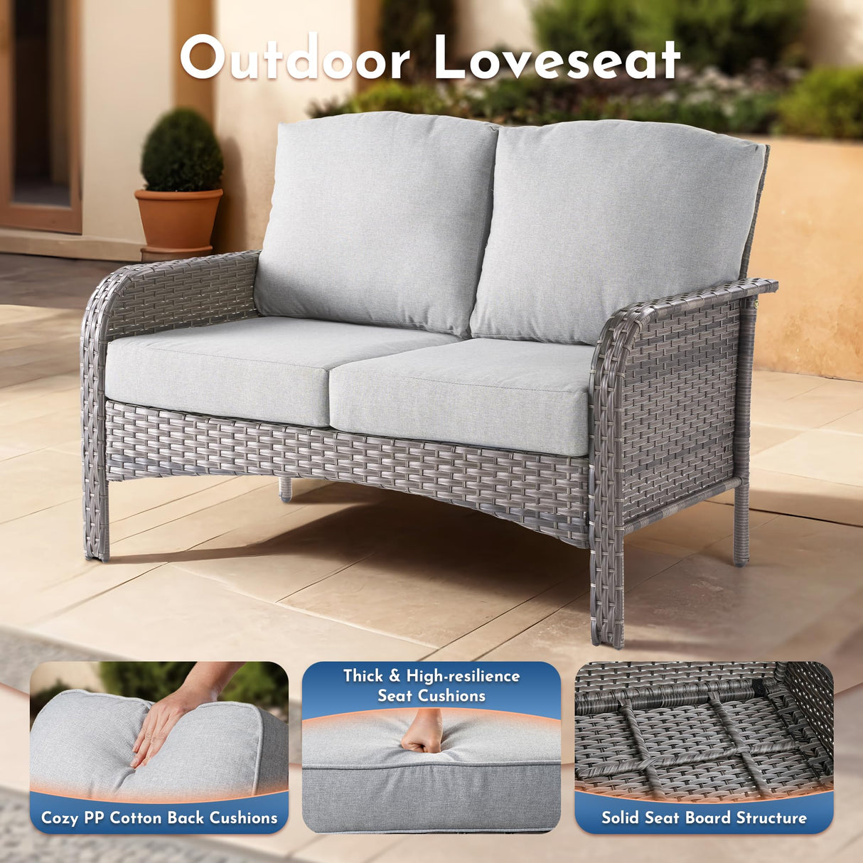 Weaxty Wicker Patio Furniture Set with Swivel Rocker Chairs Outdoor Loveseat Sofa and Rattan Coffee Table, 5 Pieces Outdoor Conversation Sets for Patio Porch Deck Backyard Poolside, Light Gray weaxty W