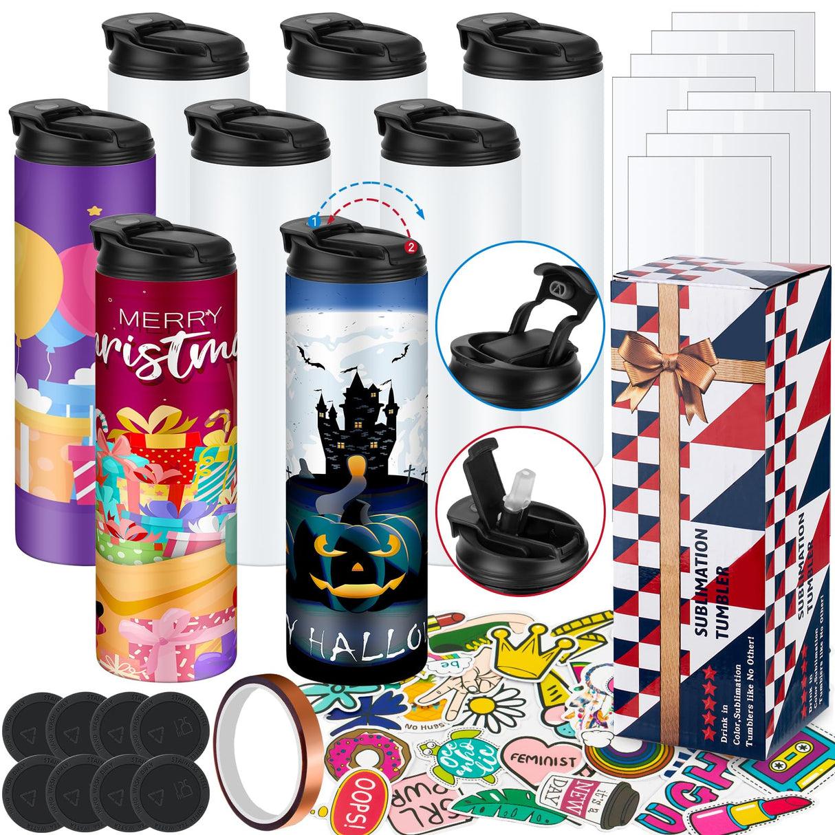 8 Pack 20 oz Sublimation Tumblers Dual Opening Blank Bottles Triple-Insulated Stainless Steel Water Bottle with Straw Lid Blank Tumbler Bulk with Shrink Wrap, Rubber Base, Heat Tape for Heat Transfer AxPower