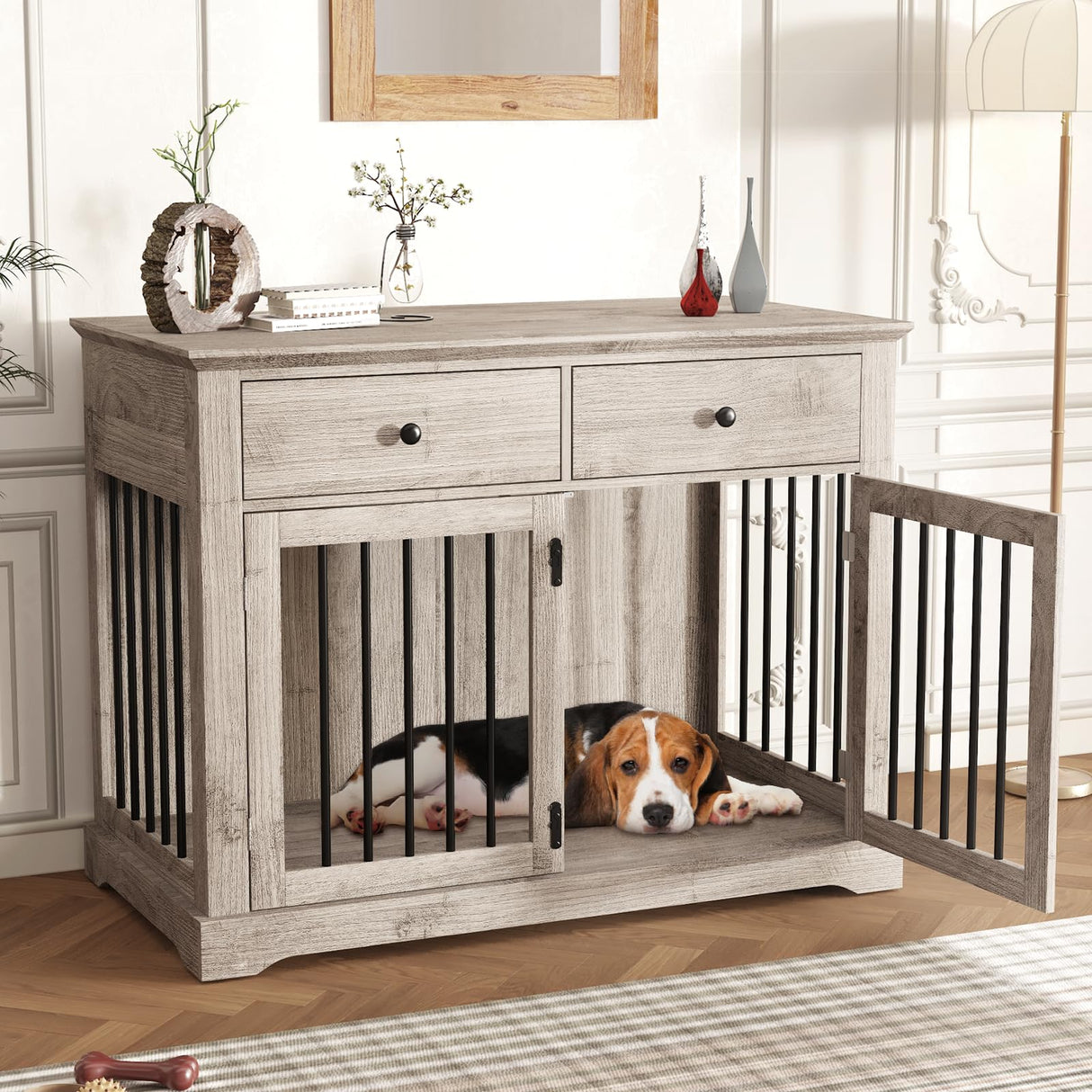 Dog Crate Furniture, 44 Inch Wooden Dog Kennel Furniture Indoor with 2 Storage Drawers, Heavy Duty Large Dogs Crate Furniture, Cage & House Furniture for Small Medium Large Dogs, Grey VENDORZ