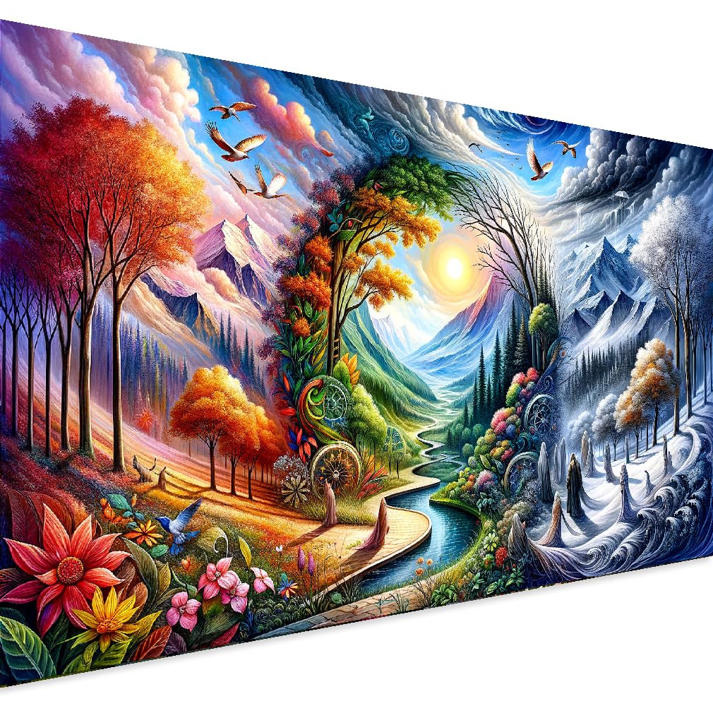 5D Large Diamond Art Painting,Four Season Diamond Art Kits for Adults,DIY Full Drill Crystal Rhinestone Arts and Crafts,bird Flowers mountain Art Painting with Diamond Home Wall Decor 27.5 X 15.7inch pchmcu