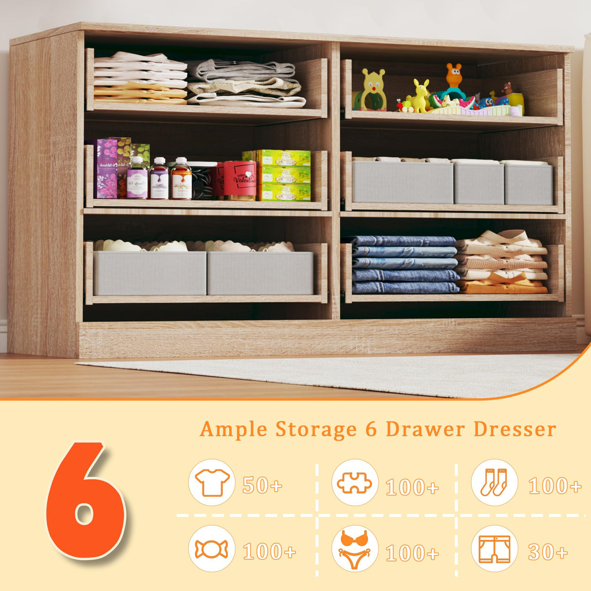 LIMGLIM 6 Drawer Dresser for Bedroom, Wooden Chest of Drawers with Metal Handles, Mid Century Modern Bedroom Dressers, TV Stand Large Storage Organizer for Living Room, Entryway, Light Oak LIMGLIM