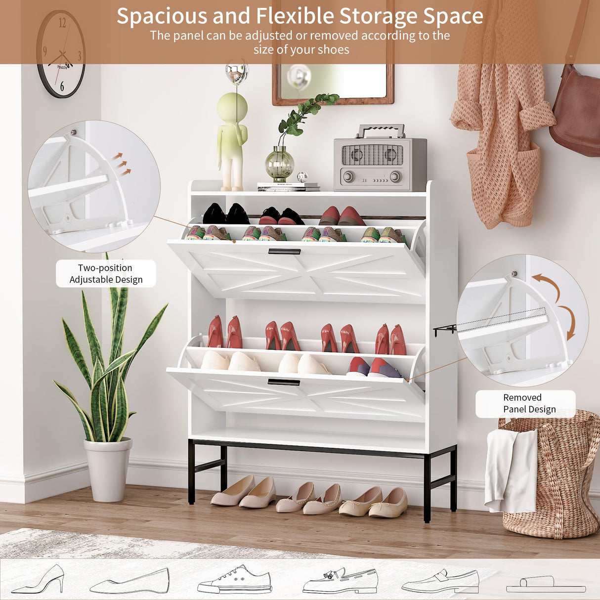 RKVPCNE Shoe Storage Cabinet Wood Shoe Organizer with 2 Flip Drawers and 1 Boot Rack Hidden Shoe Organizer Cabinet Flip Down Shoe Rack for Entryway Foyer Hallway(White) RKVPCNE