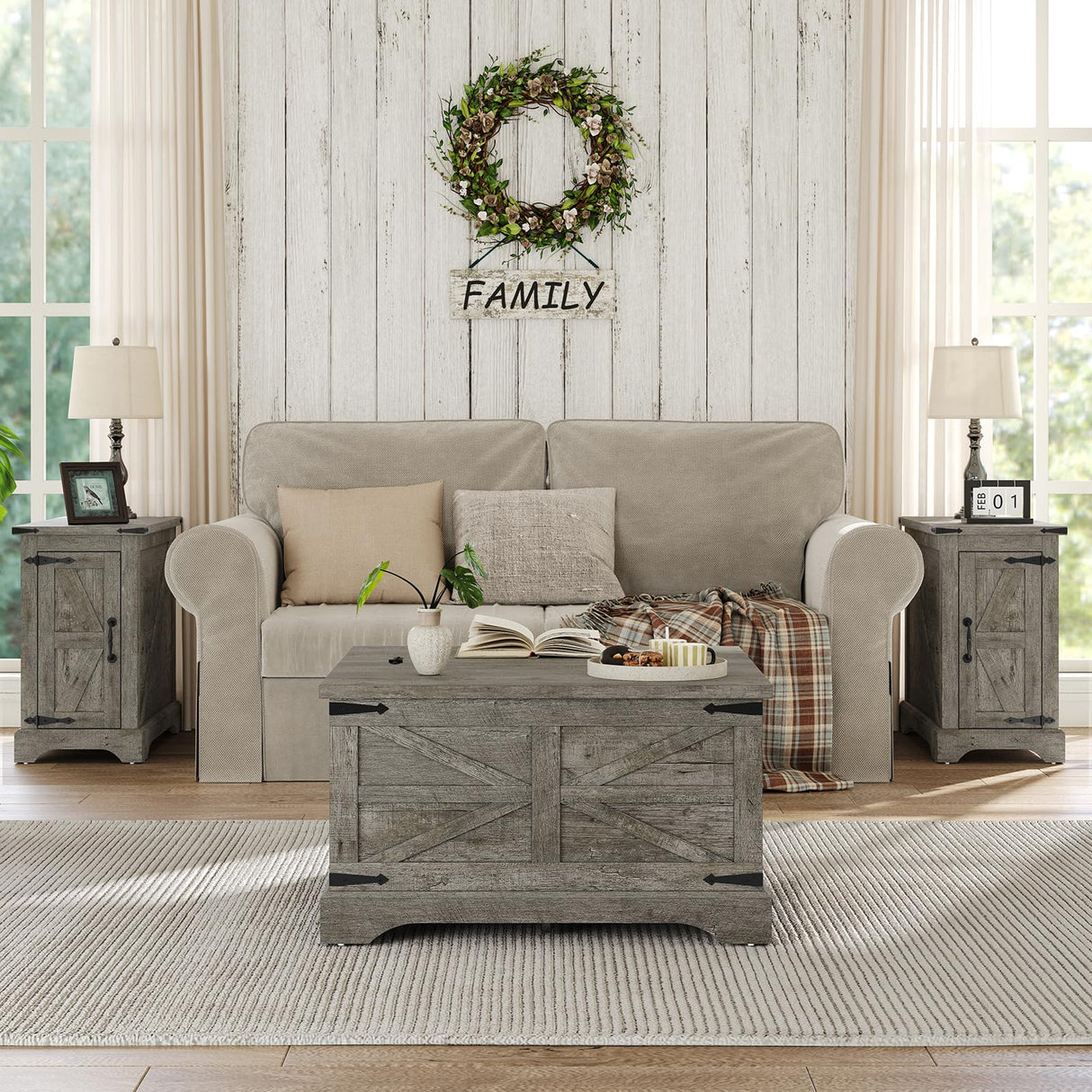 furomate Farmhouse Lift Top Coffee Table, Square Wood Center Table with Large Hidden Storage Compartment for Living Room, Rustic Modern Table with Hinged Lift Top, Oak Grey furomate