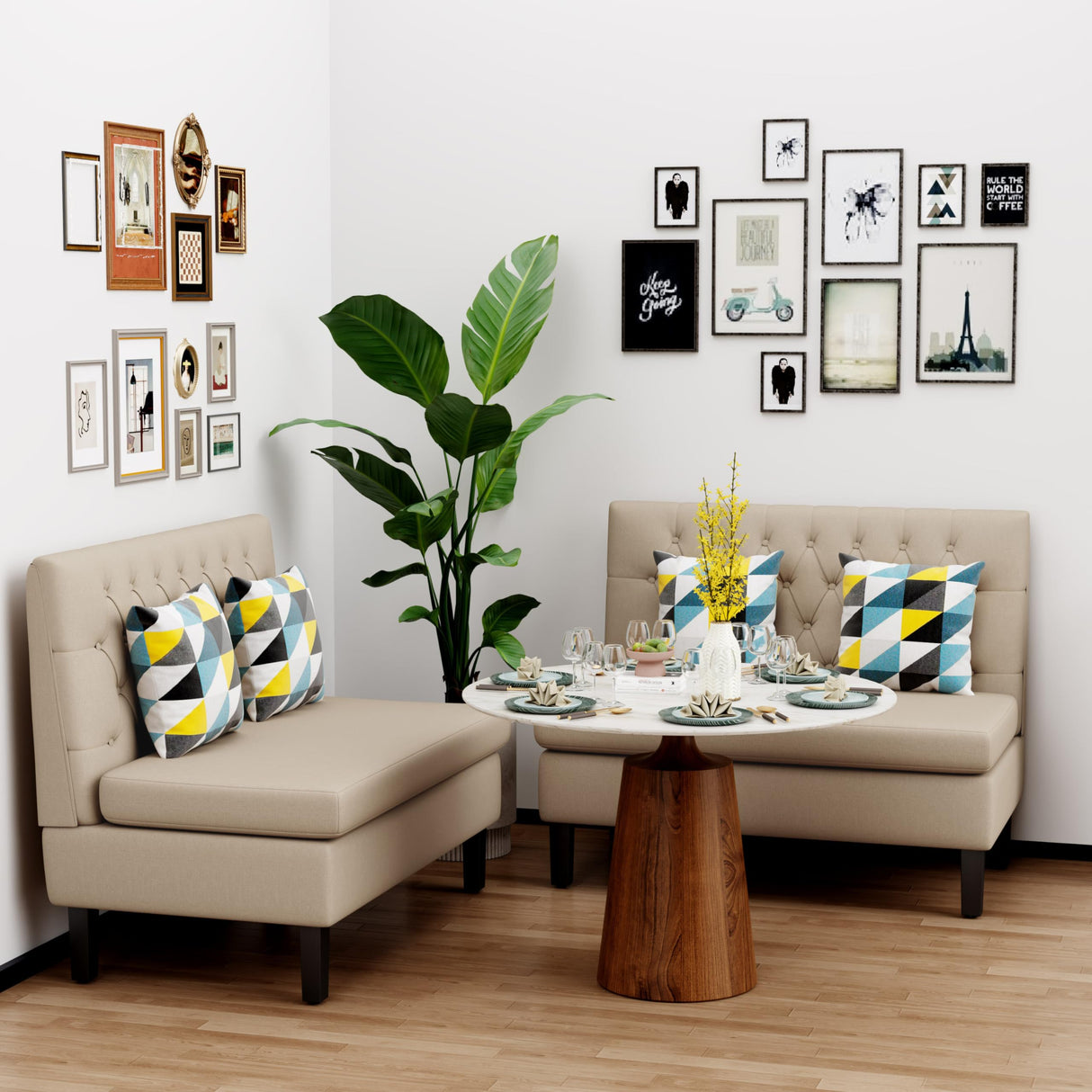 Yongqiang Modern Upholstered Settee with Back Small Loveseat Sofa Dining Bench Banquette Seating for Kitchen Dining Room Living Room Linen Button Tufted Mini Couch Khaki Yongqiang