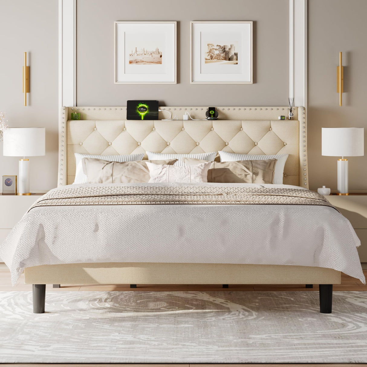 Feonase King Size Bed Frame with Luxury Wingback and Fast Charging Station,King Upholstered Button Tufted Storage Headboard Platform Bed,Sturdy Wooden Slats Support,Noise-Free, Easy Assembly,Beige Feonase