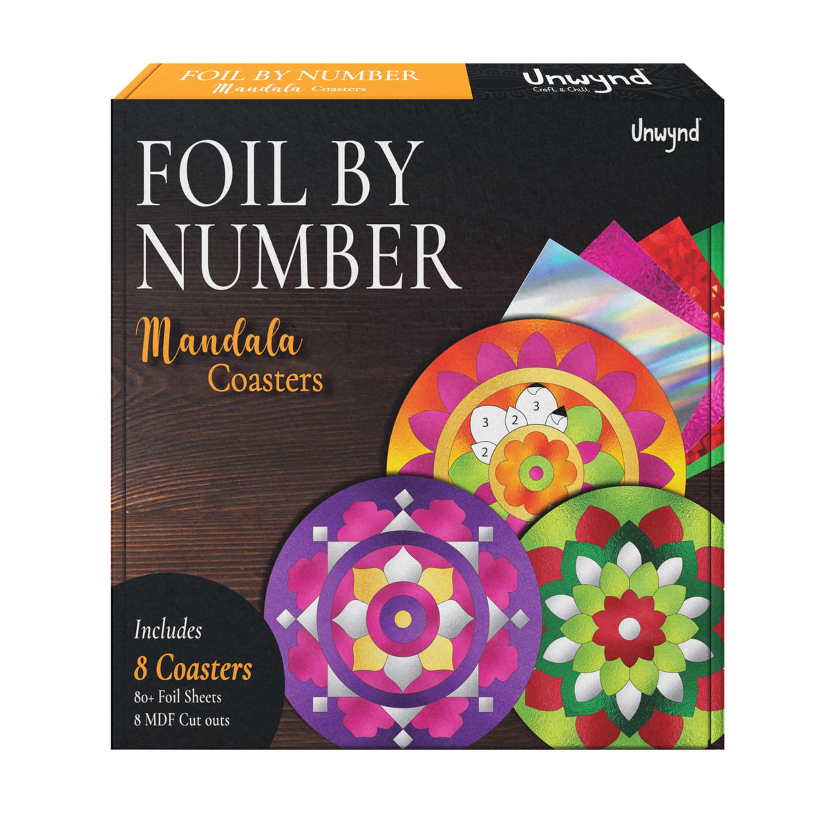 Unwynd Foil by Number Mandala Coaster Kit, 8 Pc DIY Foil Art Kit for Adults, Just Like Paint by Number Kits, Relaxing Arts & Crafts Coaster Set, Craft Gift for Teen & Women Unwynd