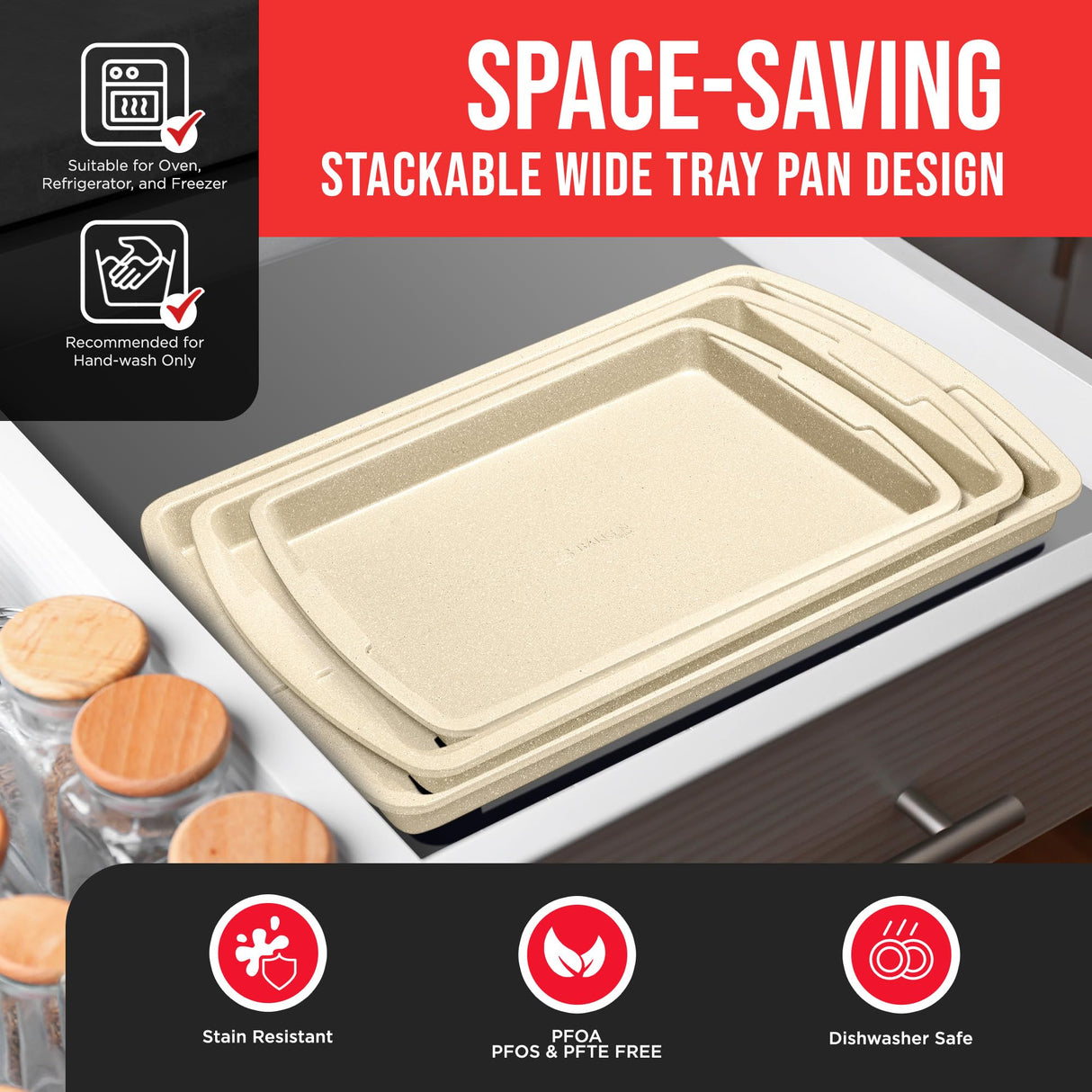 Bakken Swiss Cookie Sheet 3 Piece Set - Non-Stick, Stackable Baking Pans, White marble Deluxe Ceramic Coating – Dishwasher Safe - for Home Baking Bakken- Swiss