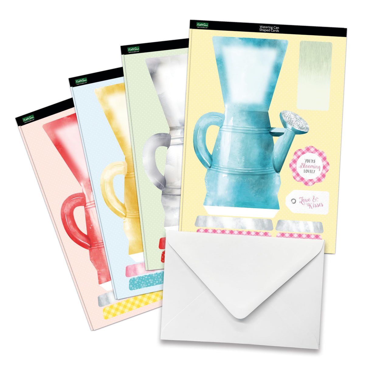 Katy Sue Watering Can Blossoms & Blooms Card Making Kit. 8 Shaped Cards, 3 Sheets of Floral Die Cut Decoupage, 8 Envelopes, Adhesive Foam Pads, & Instructions. For Card Making Supplies & Card Crafting Katy Sue