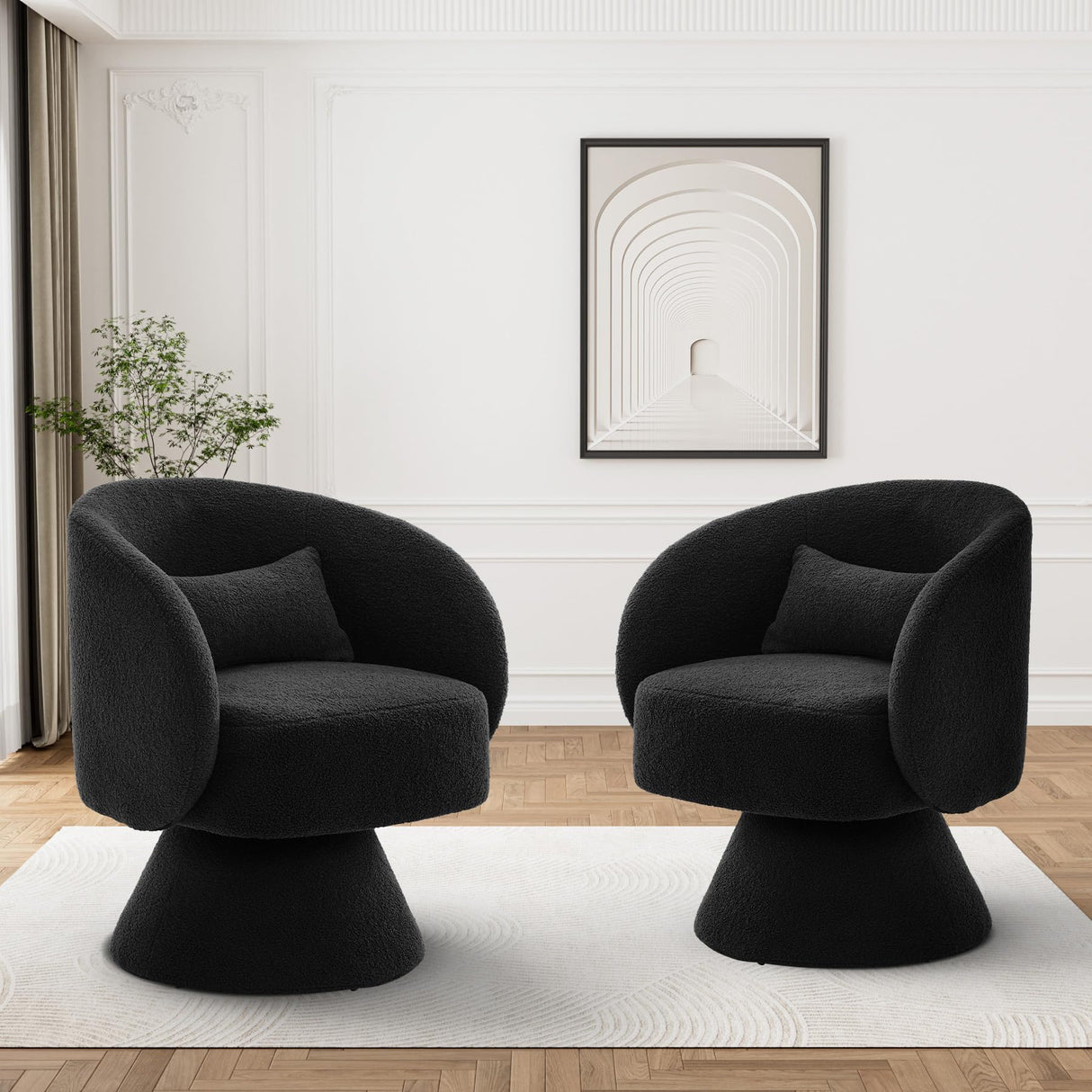 Nolohoo Swivel Barrel Chair Set of 2, Comfy Sherpa Accent Swivel Chairs for Living Room, 360 Modern Small Round Single Sofa Swivel Armchair for Bedroom, Office (Black, Teddy) Nolohoo