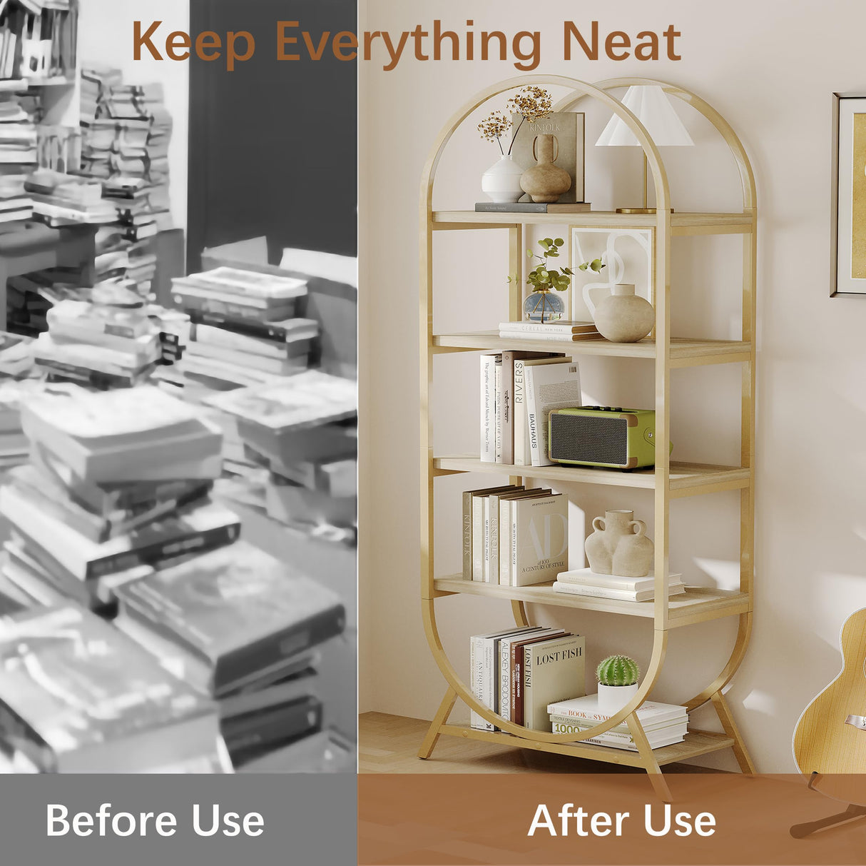 Kogven Bookshelf Arched Bookcase, Industrial 5 Tier Open Book Shelves with Metal Frame, 72" Tall Freestanding Display Rack for Home Office, Living Room,Nature Wood and Gold Kogven