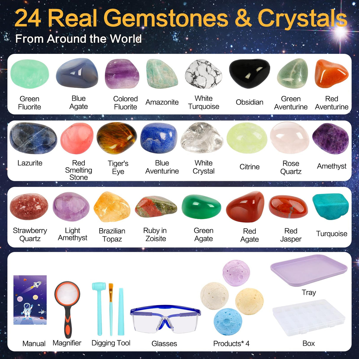QLKUNLA Gemstones Dig Kit, Excavate 24 Real Gems in Solar System STEM Educational Space Toys for Boys & Girls Archaeology Geology Science Project Gift QLKUNLA