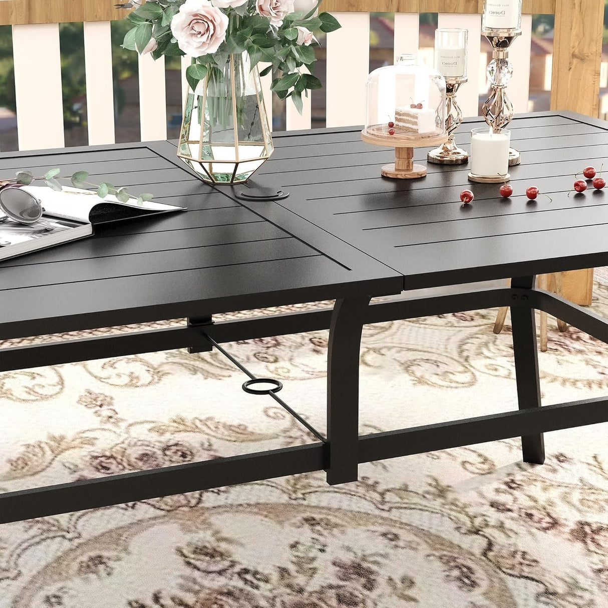 VICLLAX 7 Pieces Patio Dining Set for 6, Outdoor Furniture Set Includes 59" Rectangle Outdoor Table and 6 Stackable Patio Sling Chairs, Black Tabletop and Blue Fabric VICLLAX