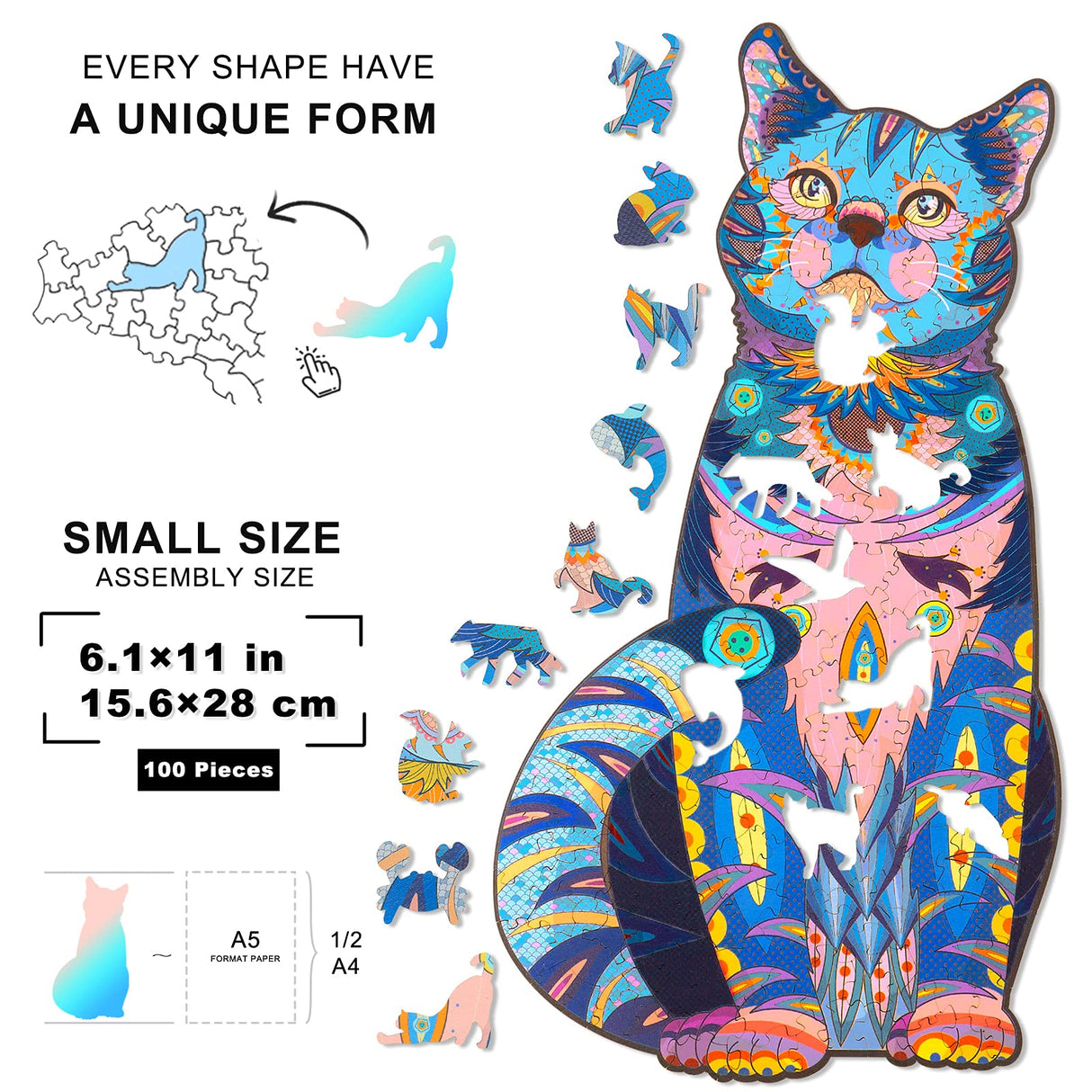Wooden Puzzles for Adults, Wooden Blue Cat Jigsaw Puzzles with Animal Shaped Pieces, Unique Wood Cat Shape Puzzle for All Ages, Ideal for Challenging and Gift (6.1×11 inches) 100 pcs - S Tryuunion