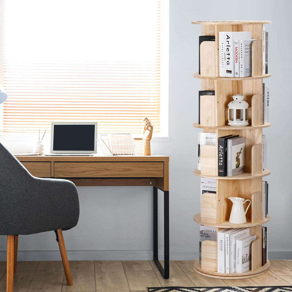 Rengue Rotating Bookshelf Tower, 5 Tiers Floor Standing Bookcase Storage Rack, 360 Display Round Spinning Bookshelf with Detachable Feet for Small Space, Bedroom, Living Room, Office Rengue