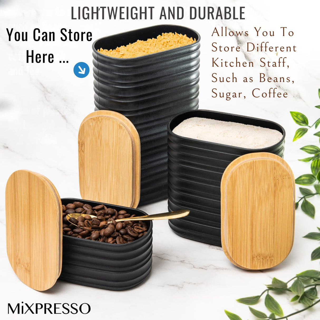 Mixpresso 3 Piece Black Canisters Sets For The Kitchen, Airtight Plastic Canister With Bamboo Lid, Coffee And Sugar Canister Set, Decorative Sugar Container, Kitchen Decor For Counter Mixpresso