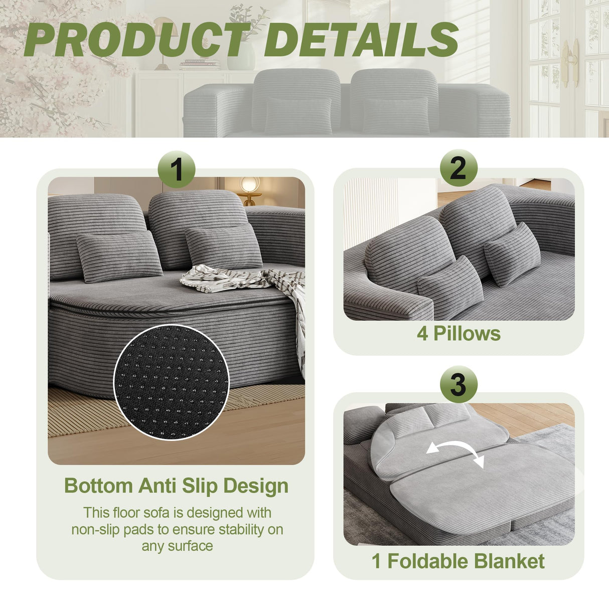 IZLKQC 75'' Convertible Folding Sofa Bed, Memory Foam Couch, Foldable Full Size Love Seat Sleeper Bed, 2-in-1 Foldable Curved Sleeper Sofa with 4 Pillows and Blanket for Living Room (Corduroy, Gray) IZLKQC