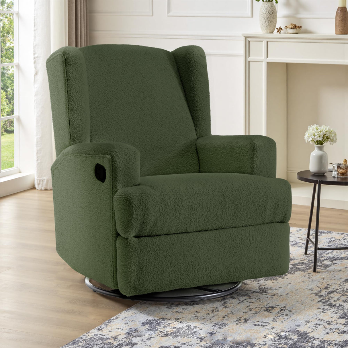 UIXE Swivel Glider Recliner Chair for Adults, Boucle High Back Accent Chair Nursery Rocker for Living Room, Upholstered Manual Reclining Sofa Seating with Deep Seat - Green UIXE