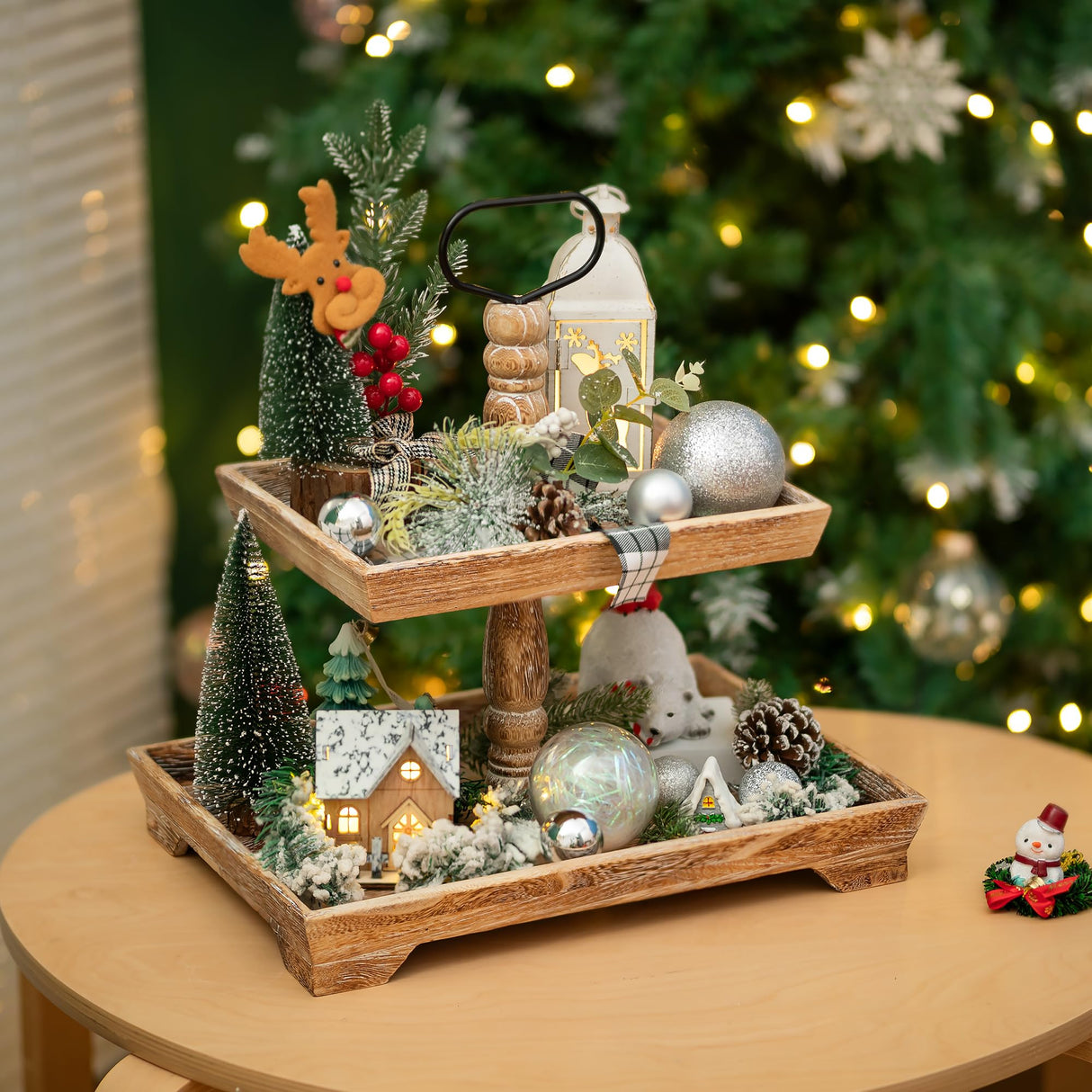 Hanobe Tiered Tray for Table Decor: 2 Tier Serving Stand Farmhouse Decorative Tray for Coffee Bar Centerpiece Rectangle Wood Display Stands Kitchen Counter Hanobe