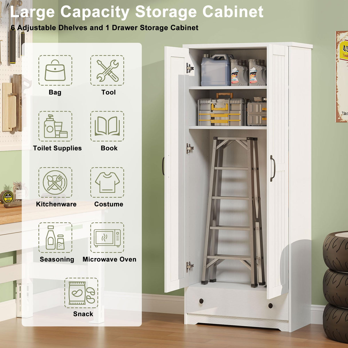 70" Tall Storage Cabinets, Large Wood Storage Pantry Cabinet with 6 Adjustable Shelves, 2 Striped Doors & Drawer, Standing Utility Cabinet for Kitchen, Bathroom, Dining Room, Antique (White) Decofy