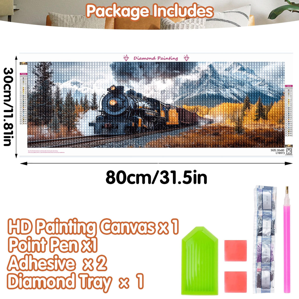 SKRYUIE 5D Large Diamond Painting Kits Train - DIY Diamond Art Kits for Adults Scenery, Full Round Drill - Crystal Embroidery Cross Stitch - Craft for Wall & Office Decor - 12x30 inch / 30x80 cm SKRYUIE