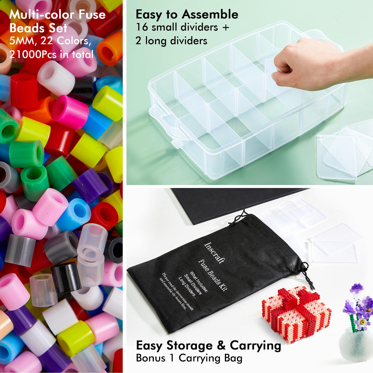 Fuse Beads, 21,000 pcs Fuse Beads Kit 22 Colors 5MM for Kids, Including 8 Ironing Paper,48 Patterns, 4 Pegboards, Tweezers, Beads Compatible Kit by INSCRAFT INSCRAFT
