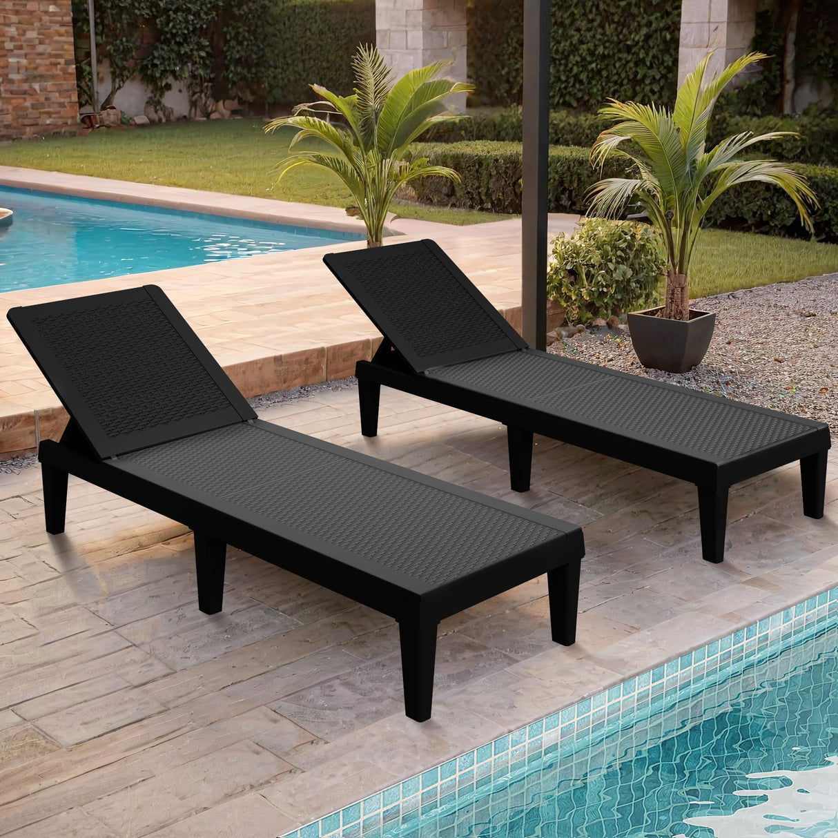 Greesum Outdoor Chaise Lounge Chairs Set of 2 with 5-Position Adjustable Backrest, Waterproof PE Sun Loungers for Garden Pool Beach Patio Deck Sunbathing, Black Greesum