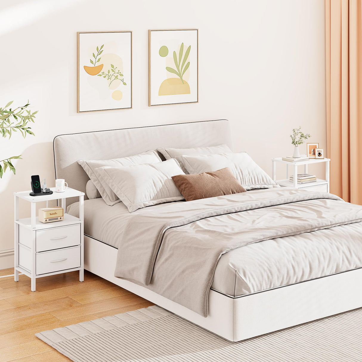 TUTOTAK End Table with Charging Station, Side Table with 2 USB Ports and Outlets, Nightstand with Cloth Drawer, Set of 2, Couch Table, White TB01BW067 TUTOTAK