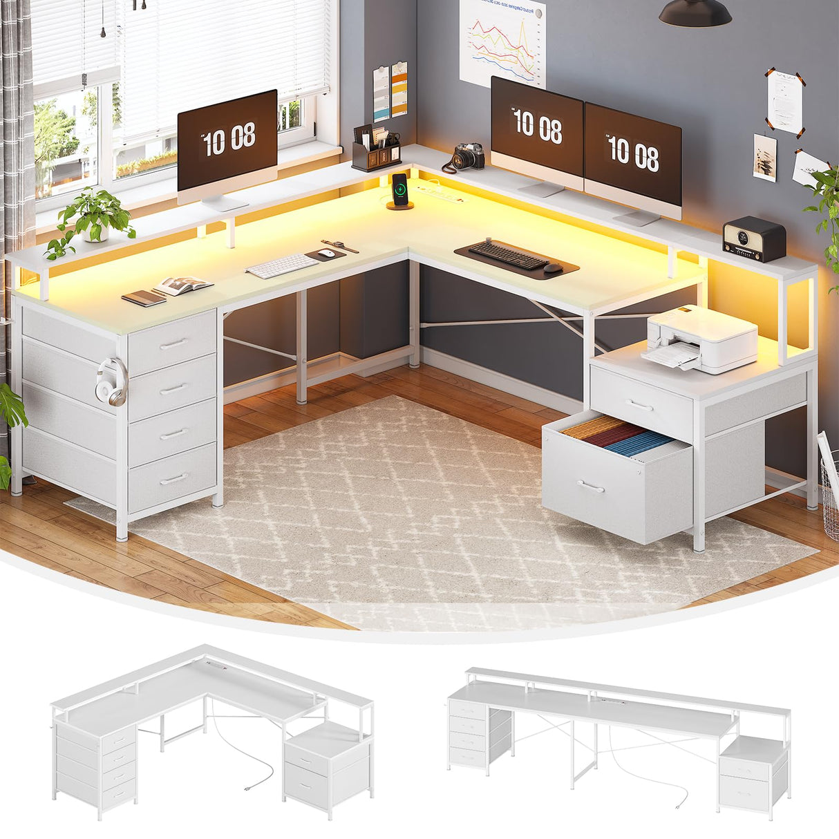 SEDETA L Shaped Desk with 6 Drawer, 108" Home Office Desk with File Drawer & Power Outlet, Corner Computer Desk with Monitor Shelf, File Cabinet, Two Person Desk, Gaming Desk with Led Lights, White SEDETA