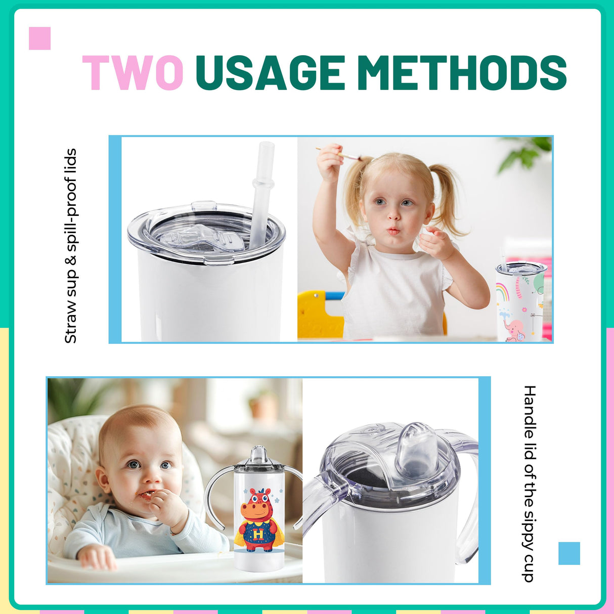 Joyclub 6 Pack Sublimation Sippy Cups Toddler Tumbler Blanks 12 oz Kids Sublimation Tumbler with Handle Stainless Steel Insulated Skinny Straight with Splash-proof Lid and Straw Joyclub