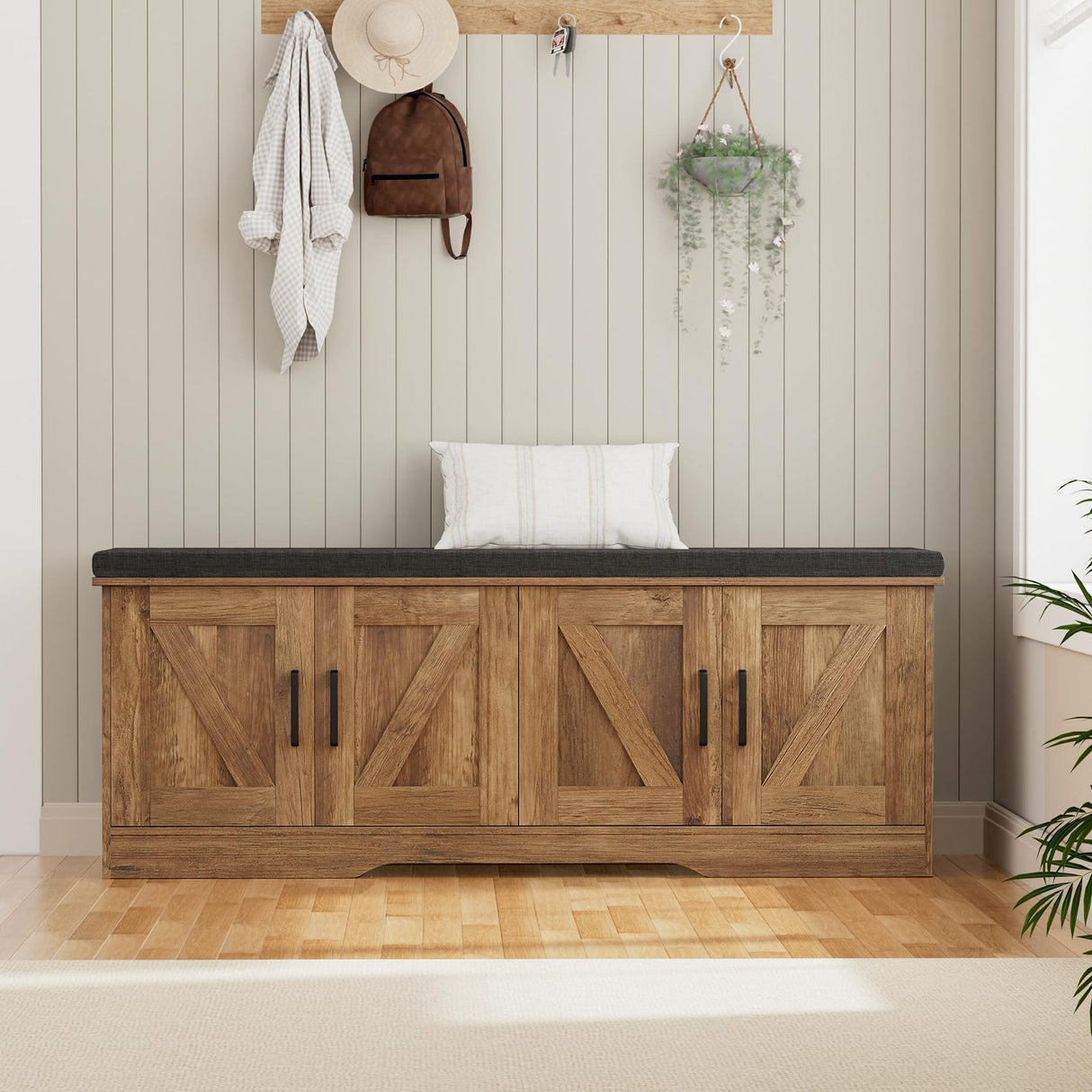 HOMSHO 2-Tier Storage Bench, Shoe Bench with Padded Seat Cushion, Entryway Bench with 4 Barn Doors, Adjustable Shelf, 13.8" D x 47.2" W x 17.7" H, for Entryway, Living Room, Bedroom, Rustic Walnut HOMSHO