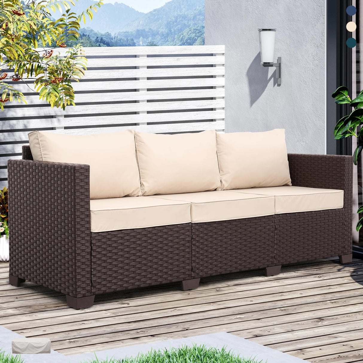 Oasishine Patio Furniture 3-seat Sofa Wicker Outdoor Furniture Outdoor Couch Deep Seat Hight Backrest Non-Slip Cushions, Khaki Oasishine