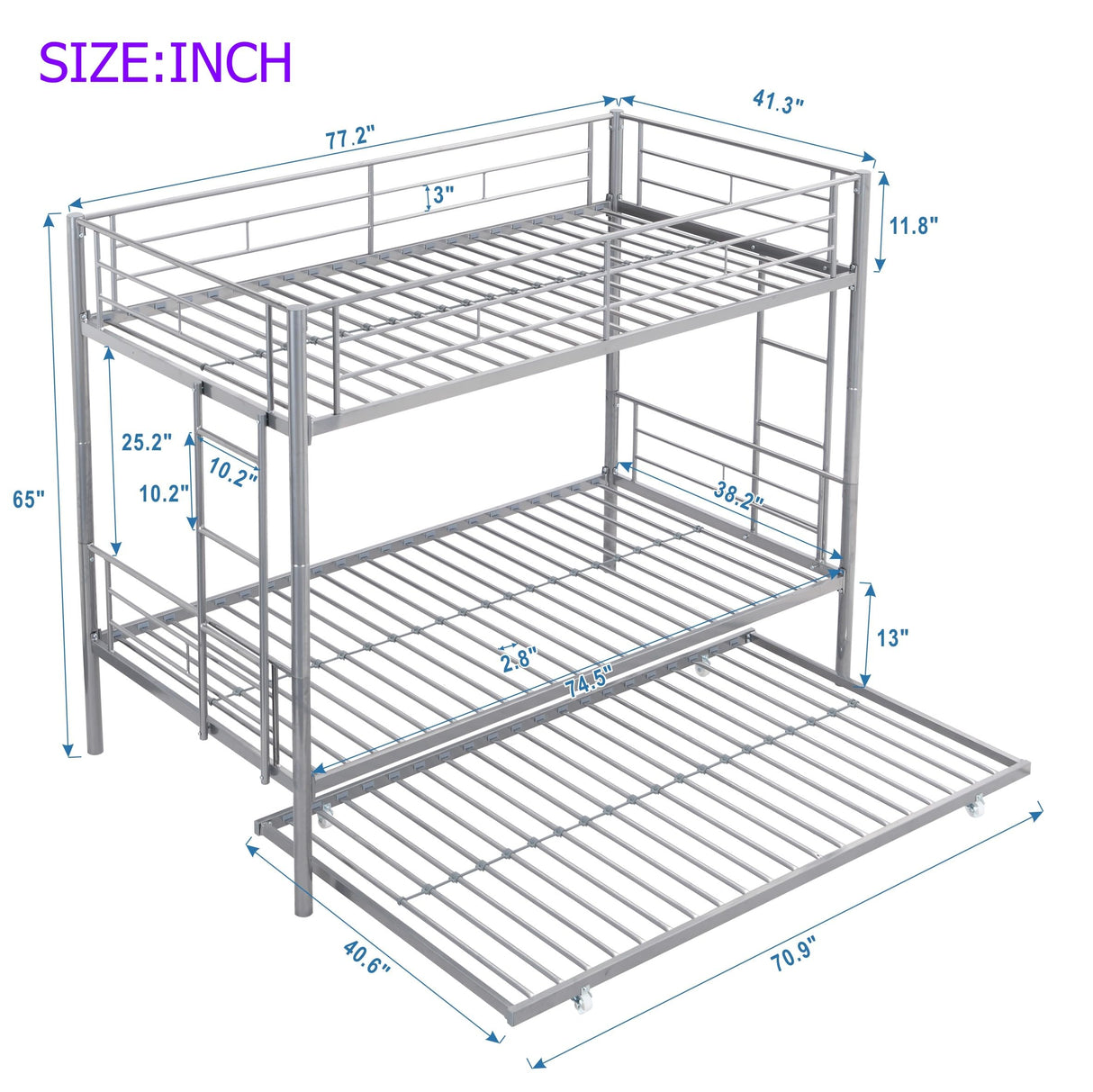 Heavy Duty Metal Bunk Bed Twin Over Twin for Kids Adults, Modern Twin Over Twin Bunk Bed with Trundle, Latest Version Twin Size Bunk Beds Frame, Convertible Bunkbed with Safety Guard Rails (Silver) FUSVZ
