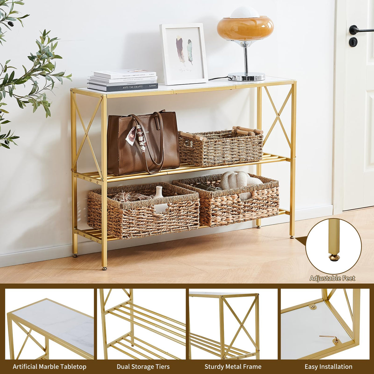 Wimarsbon Console Table, 3 Tier Entryway Table, Hallway Table, Narrow Sofa Table with Shelves, Display Side Table, Entrance Table for Entryway, Hallway, Foyer, Living Room (Gold Frame White) Wimarsbon